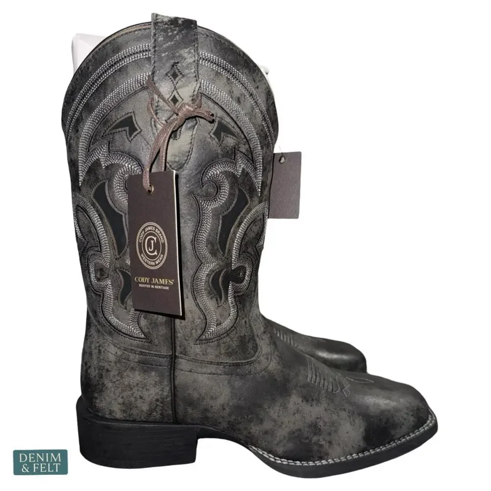 NEW Cody James Ace Nixon Western Boots Black Square‎ Toe Leather Cowboy Rugged